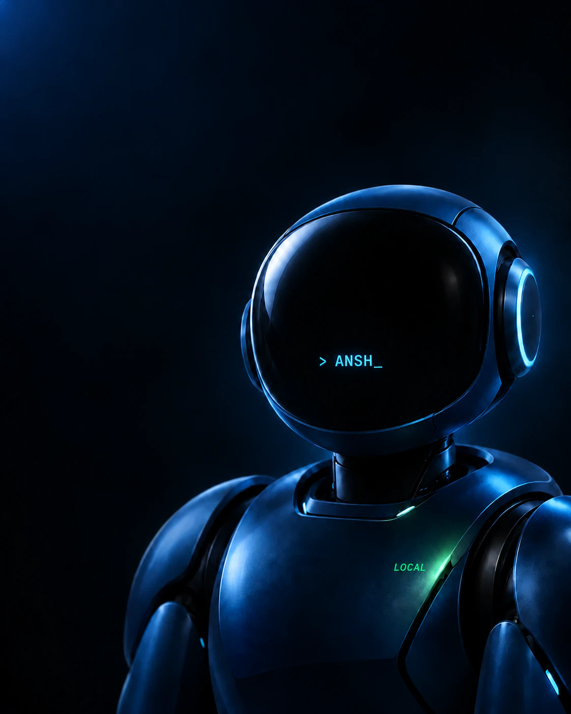 The accepted blue Ansh robot with greater-than ANSH underscore on its face glass and LOCAL on its chest.
