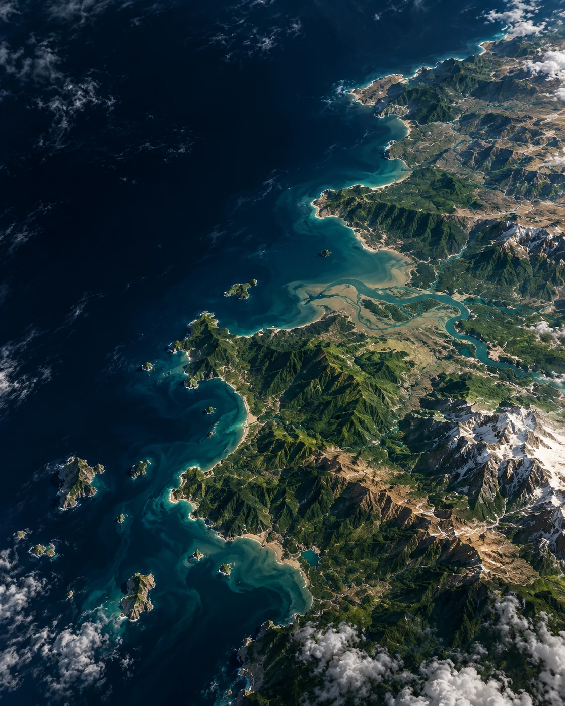 An oblique terrain study of coastline, mountains and deep sea.