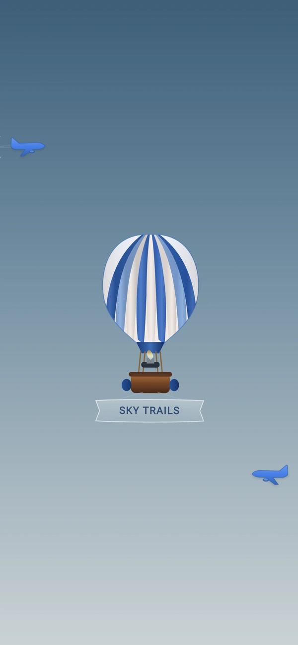 Sky Trails Home, with its blue-and-white balloon against a daytime sky.