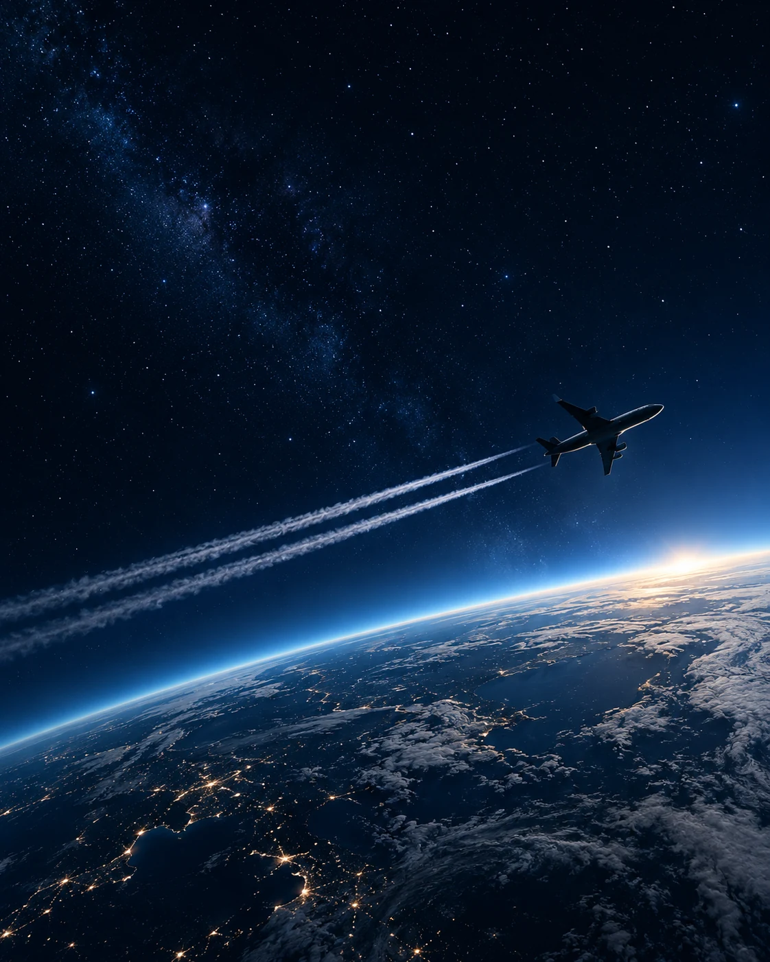 A passenger aircraft above Earth's blue atmospheric horizon.